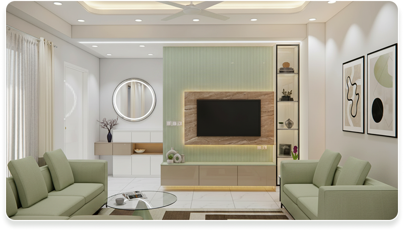 Modern minimal living room with sage green sofas and wooden TV unit
